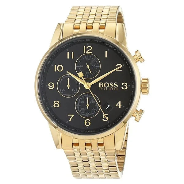 Gold watch with black dial on a white background