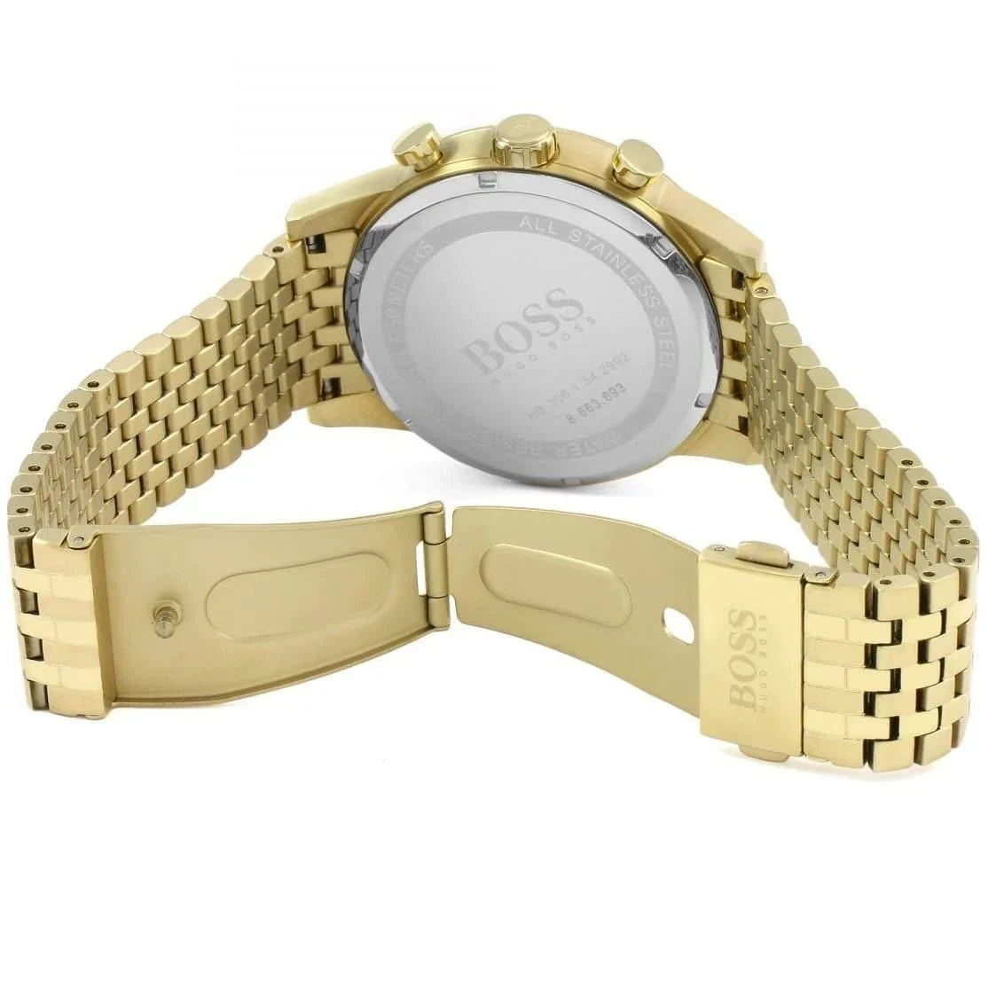 Gold watch with a visible brand logo on a white background
