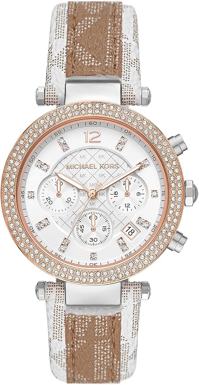 Michael Kors Parker Pavé Two-tone Signature-Print PVC and Leather Strap Women's Watch - MK6950