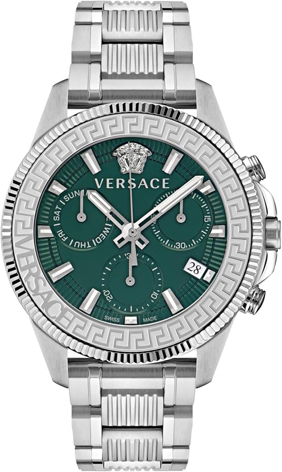 Versace Greca Action Chronograph Quartz Green Dial Silver Steel Strap Men's Watch - VE3J00422