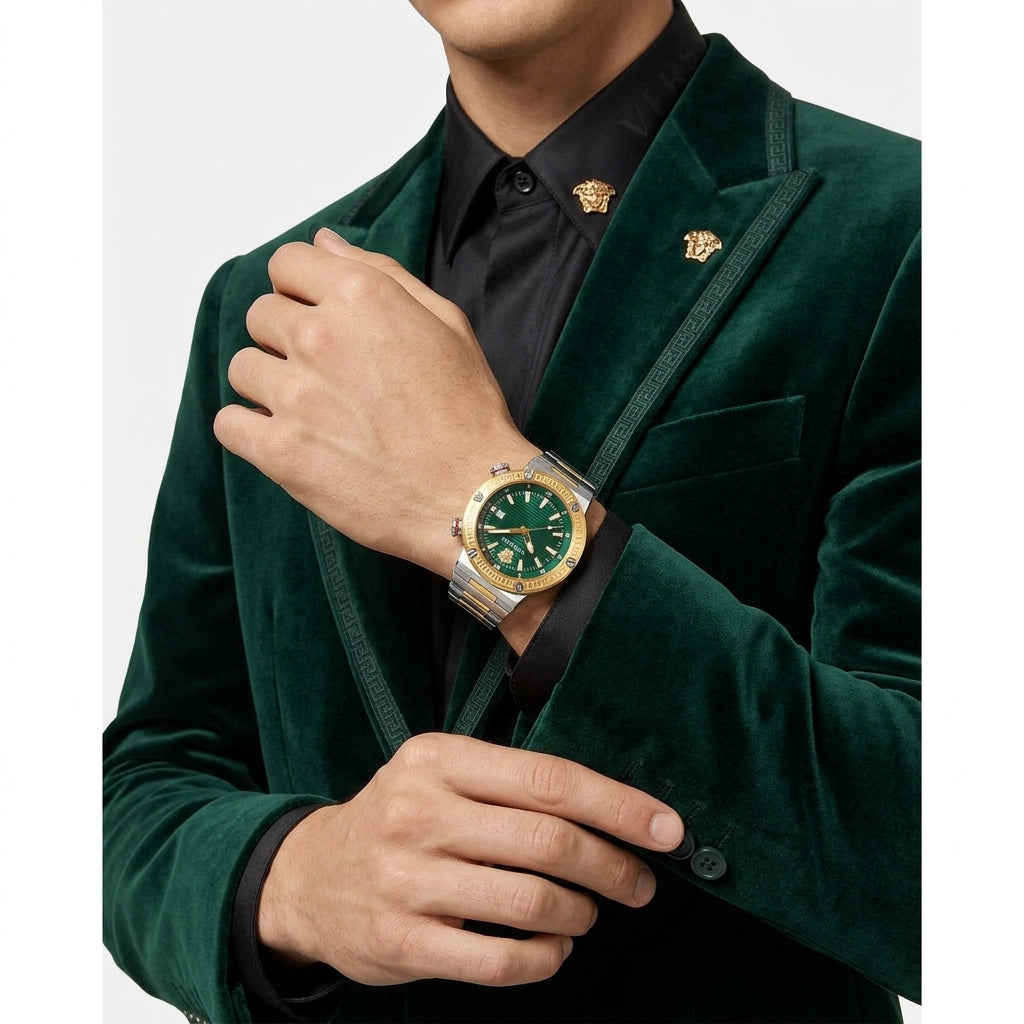 Versace Greca Logo Diver Green Dial Two-Tone Swiss Chronograph Watch - VE8G00524