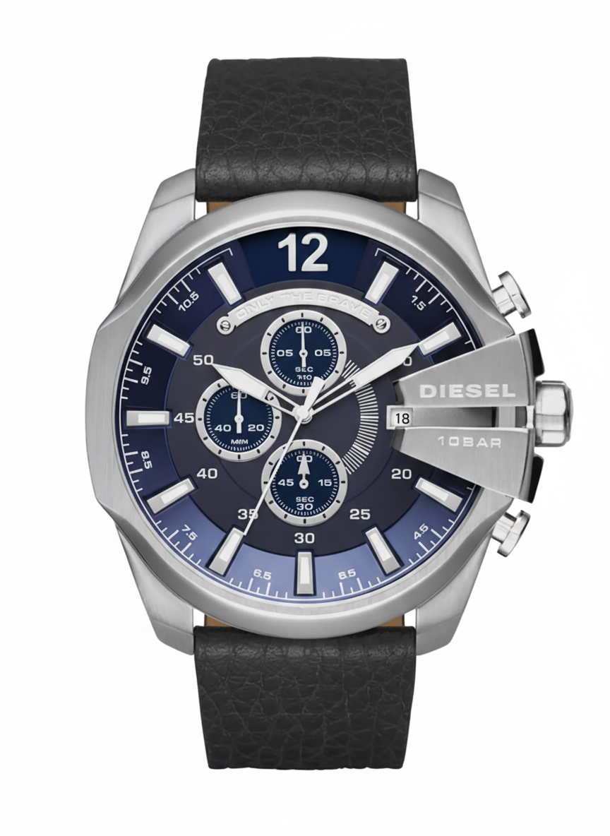 Diesel Mega Chief Blue Dial Black Leather Chronograph Watch DZ4423