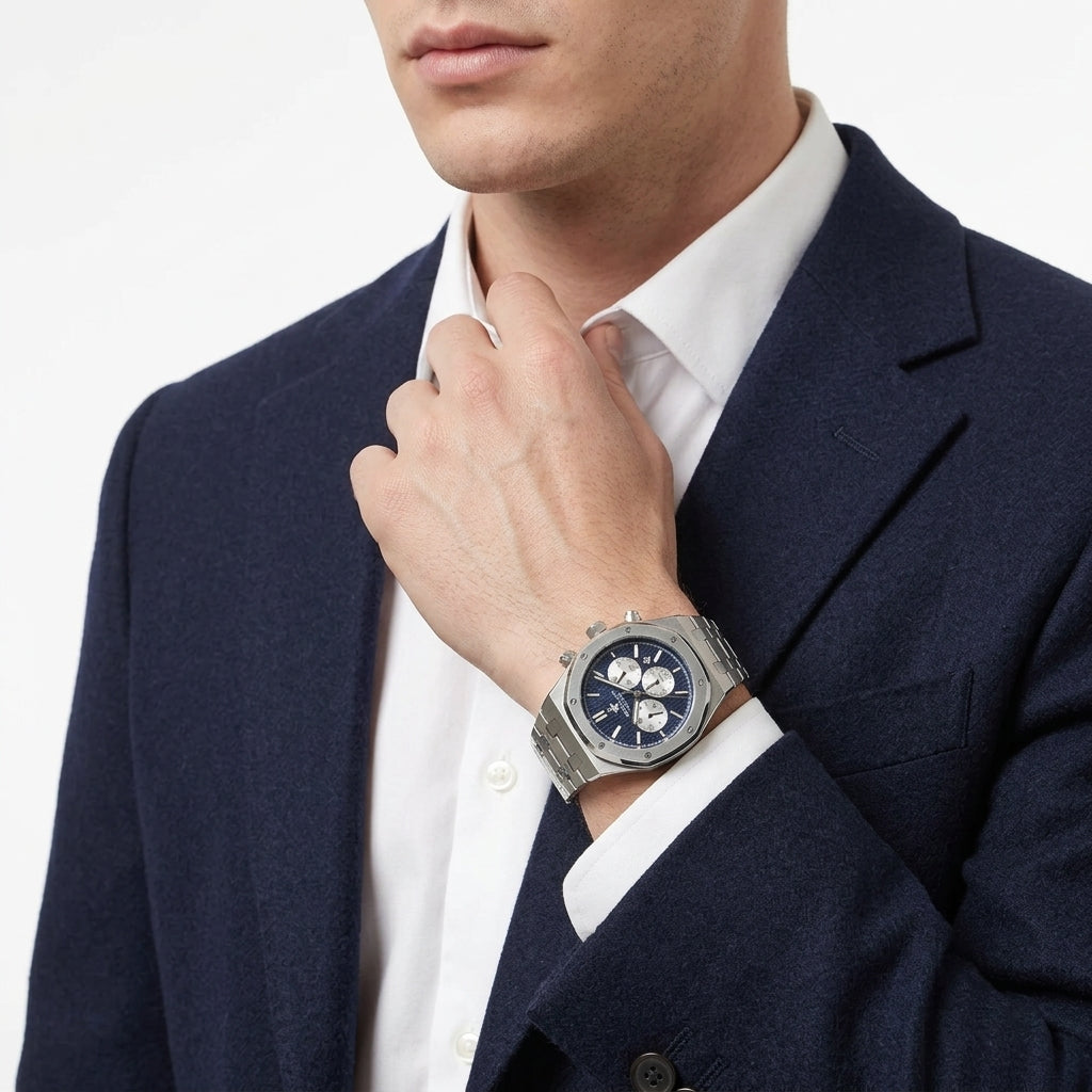 Beverly Hills Polo Club Dual Time Multifunction Blue Dial Silver Watch BP3051X.391