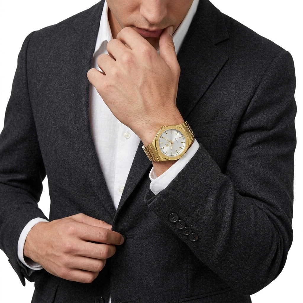 Beverly Hills Polo Club Slim Tech 5 Black Leather Gold Watch BP3817X.131