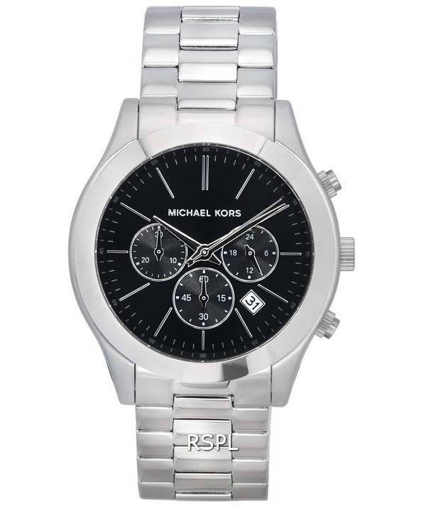 Michael Kors Slim Runway Chronograph Black Dial Silver Steel Strap Watch For Men - MK1056 mk1056 - Image 1