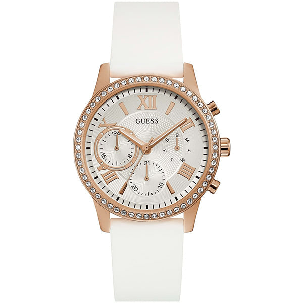 Guess Solar Rose Gold White Dial White Rubber Strap Women's Watch W1135L1 - Dawson Watches