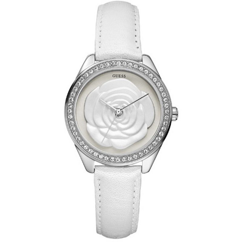 Guess Rosette White Dial Leather Strap Ladies Watch W75043L1