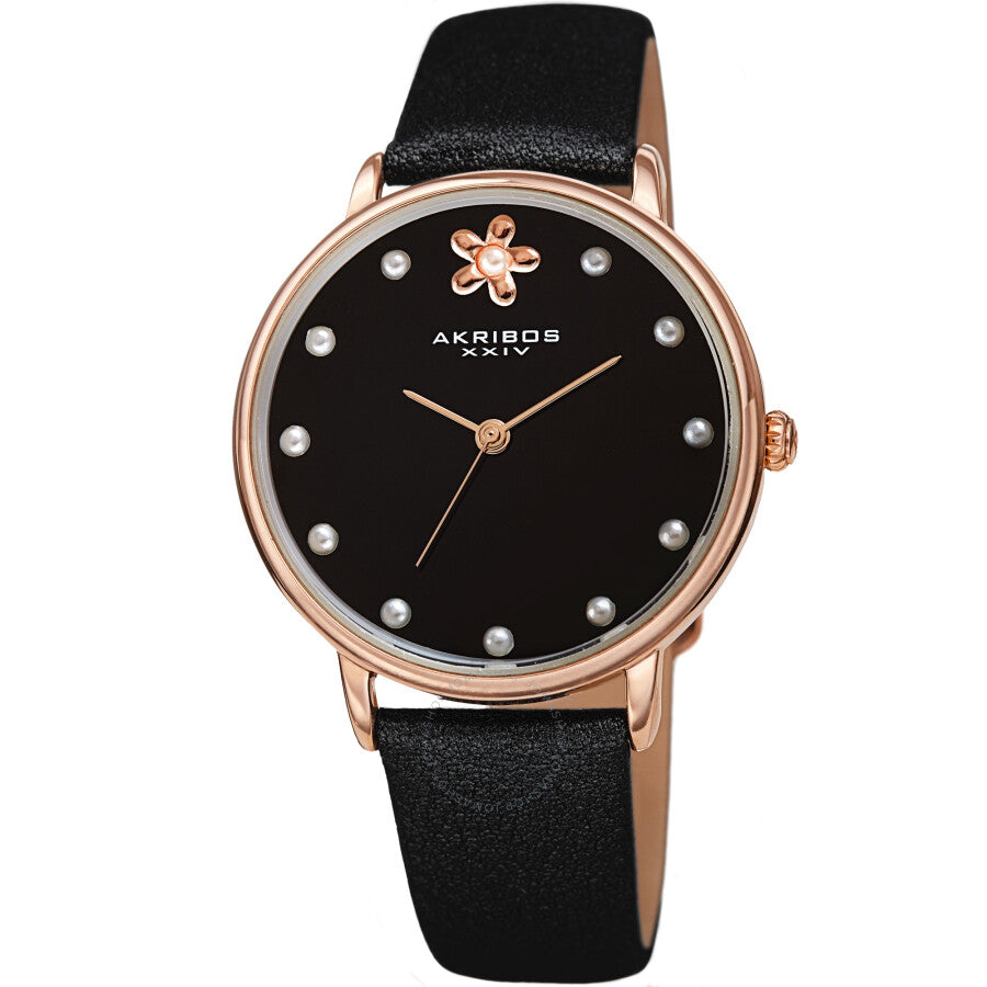 Akribos XXIV Quartz Black Dial Black Leather Ladies Watch AK1084BK - The Watches Men & Co