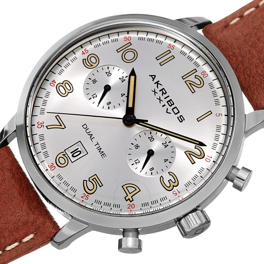 Akribos XXIV Silver Dial Dual Time Men's Watch AK1023SSBR - Dawson Watches #2