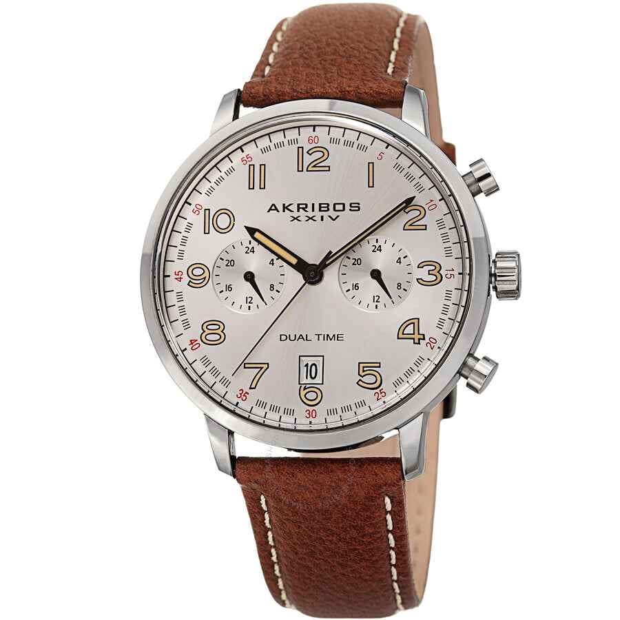 Akribos XXIV Silver Dial Dual Time Men's Watch AK1023SSBR - The Watches Men & Co