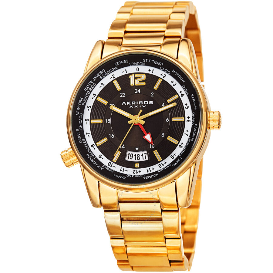 Akribos XXIV World Time Quartz Black Dial Men's Watch AK1021YGB - The Watches Men & Co