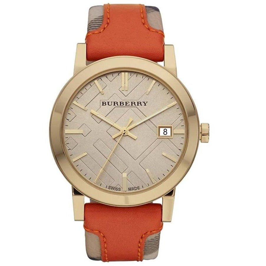 Burberry Women's Swiss Haymarket Check Fabric and Smooth Orange Leather Strap Women's Watch BU9016 - Kiwi Watches