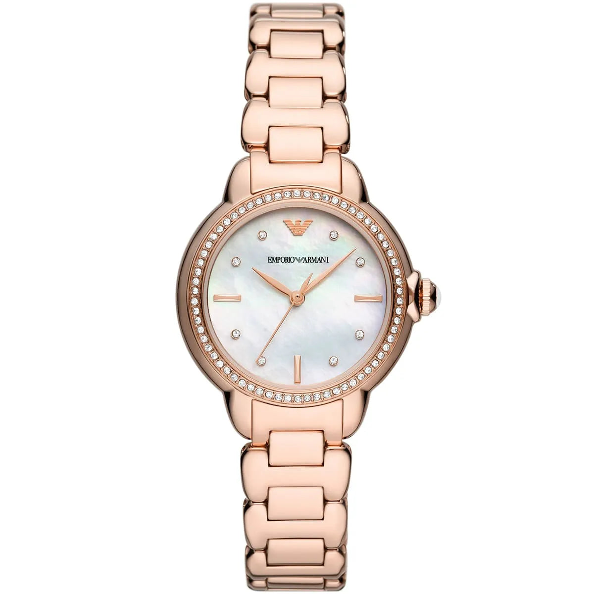 Emporio Armani Mia women's watch with white mother-of-pearl dial and rose-gold stainless steel case and bracelet