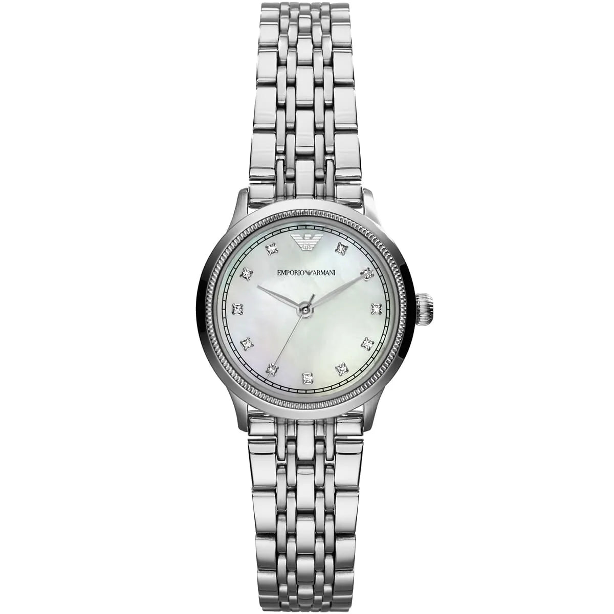 Emporio Armani Alpha X-Small silver watch with mother-of-pearl dial and coin-edge bezel