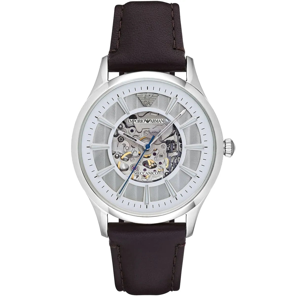 Emporio Armani Meccanico skeleton watch with white dial and dark brown leather strap