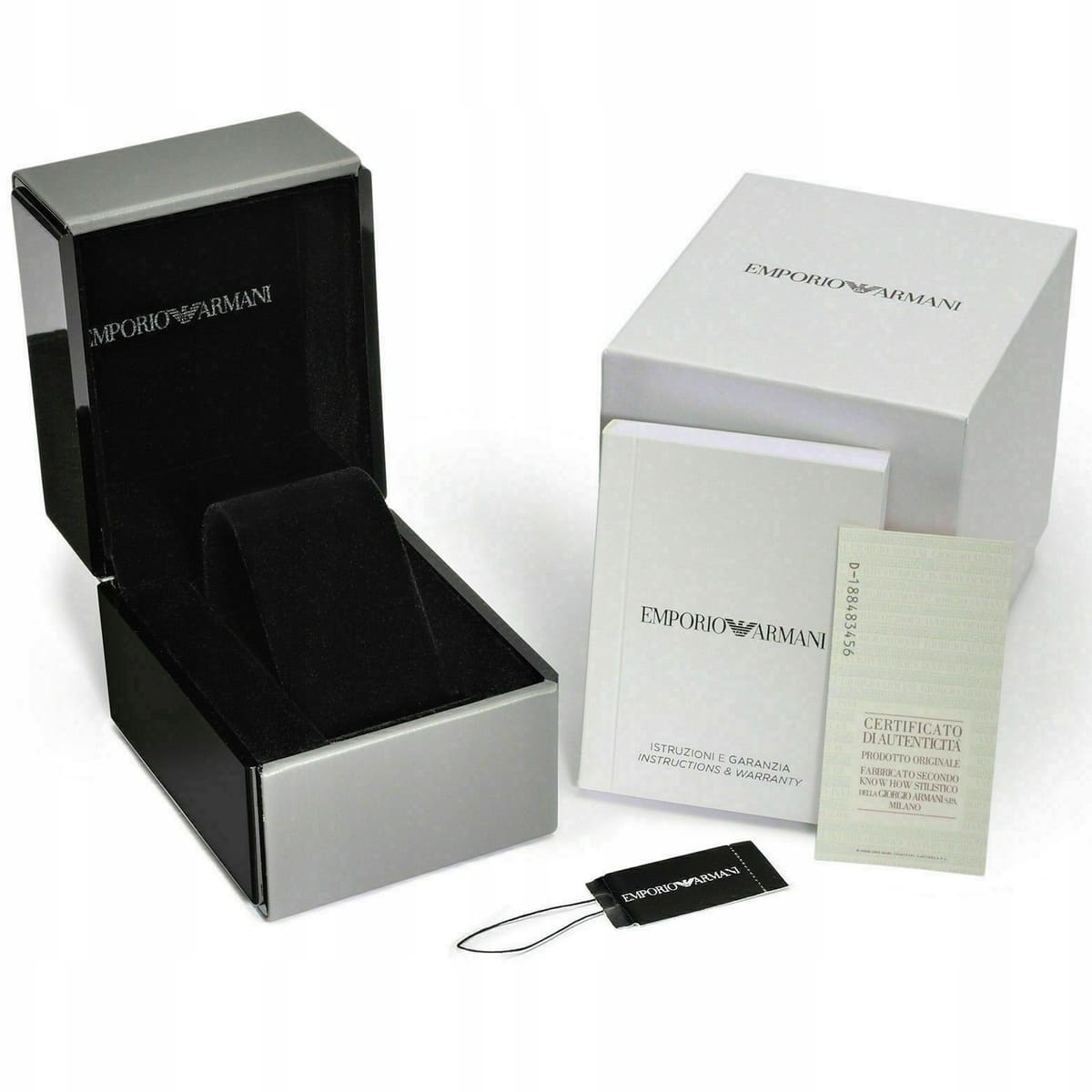 Emporio Armani Gianni T-Bar watch packaging with branded box and documentation