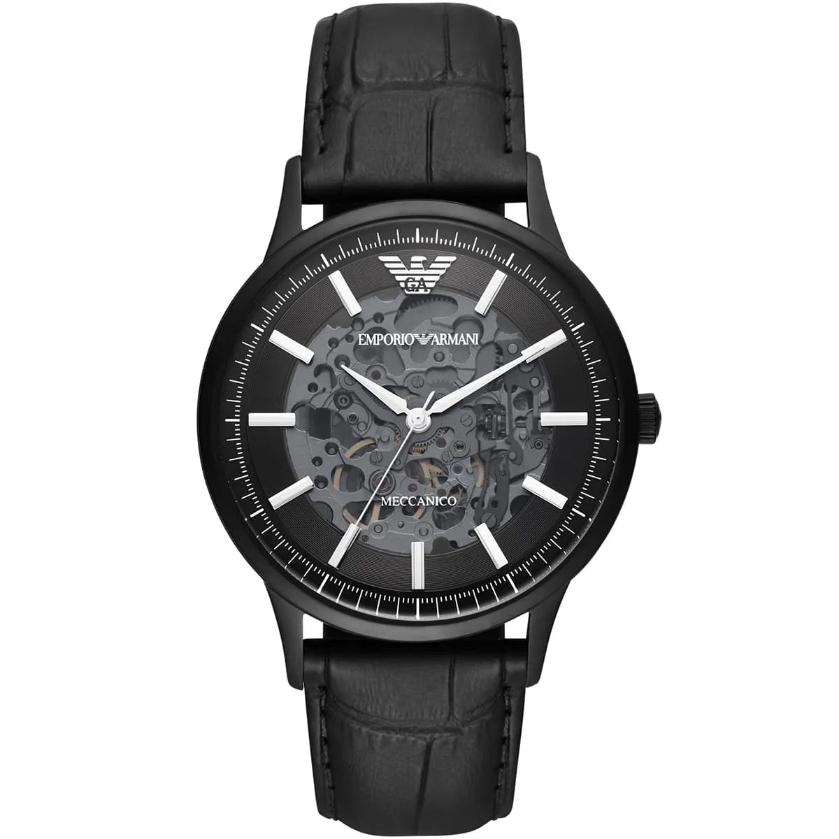 Emporio Armani Renato Automatic Skeleton Black Genuine Leather Men's Watch - AR60042