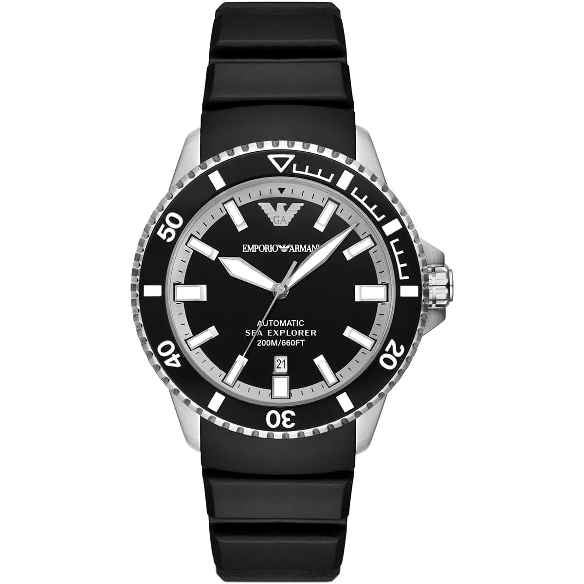 Emporio Armani Sea Explorer automatic watch with black dial and black silicone strap