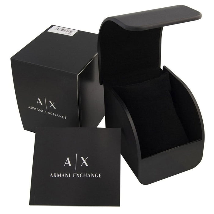 Armani Exchange AX1605 watch packaging including black gift box and Armani Exchange pouch