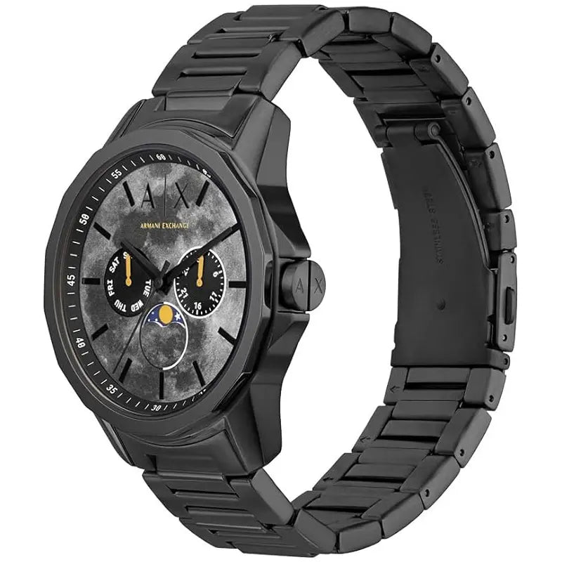Side angle of Armani Exchange AX1738 black stainless steel watch with integrated bracelet