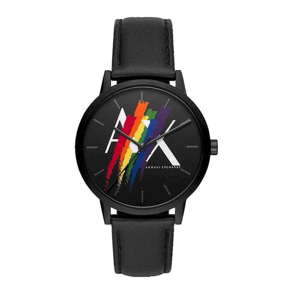 Armani Exchange AX7120 black watch with rainbow stripe dial design and black leather strap