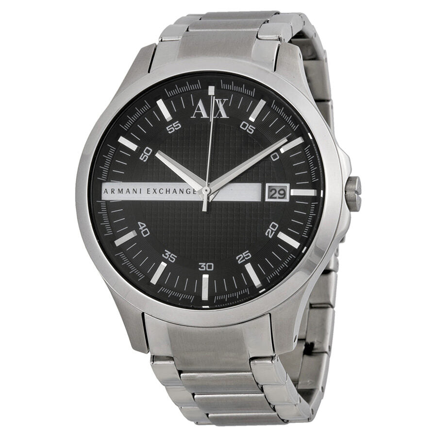 Armani Exchange Hampton black dial watch with silver stainless steel case and bracelet, date window visible