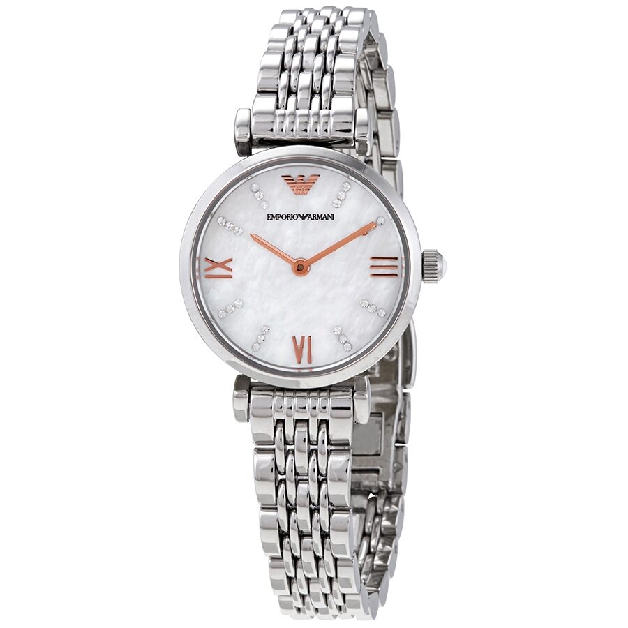 Emporio Armani Gianni T-Bar Quartz Crystal White Mother of Pearl Dial Ladies Watch #AR11204 - Dawson Watches