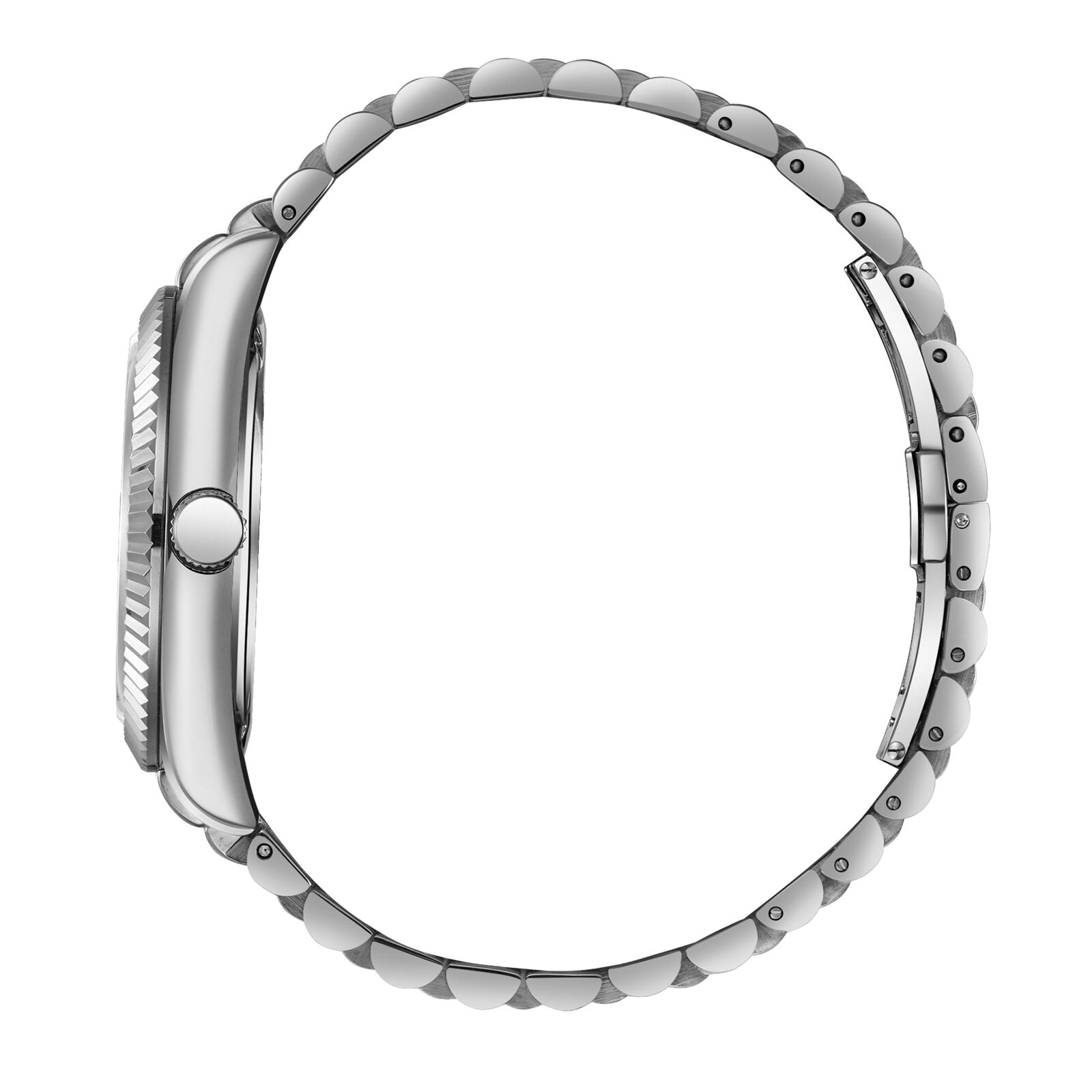 BP3018X.350 side view displaying silver stainless steel case profile and bracelet links