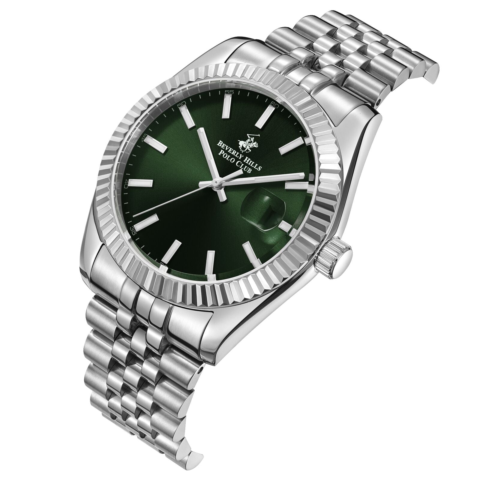 Angled view of green dial watch with silver stainless steel jubilee bracelet