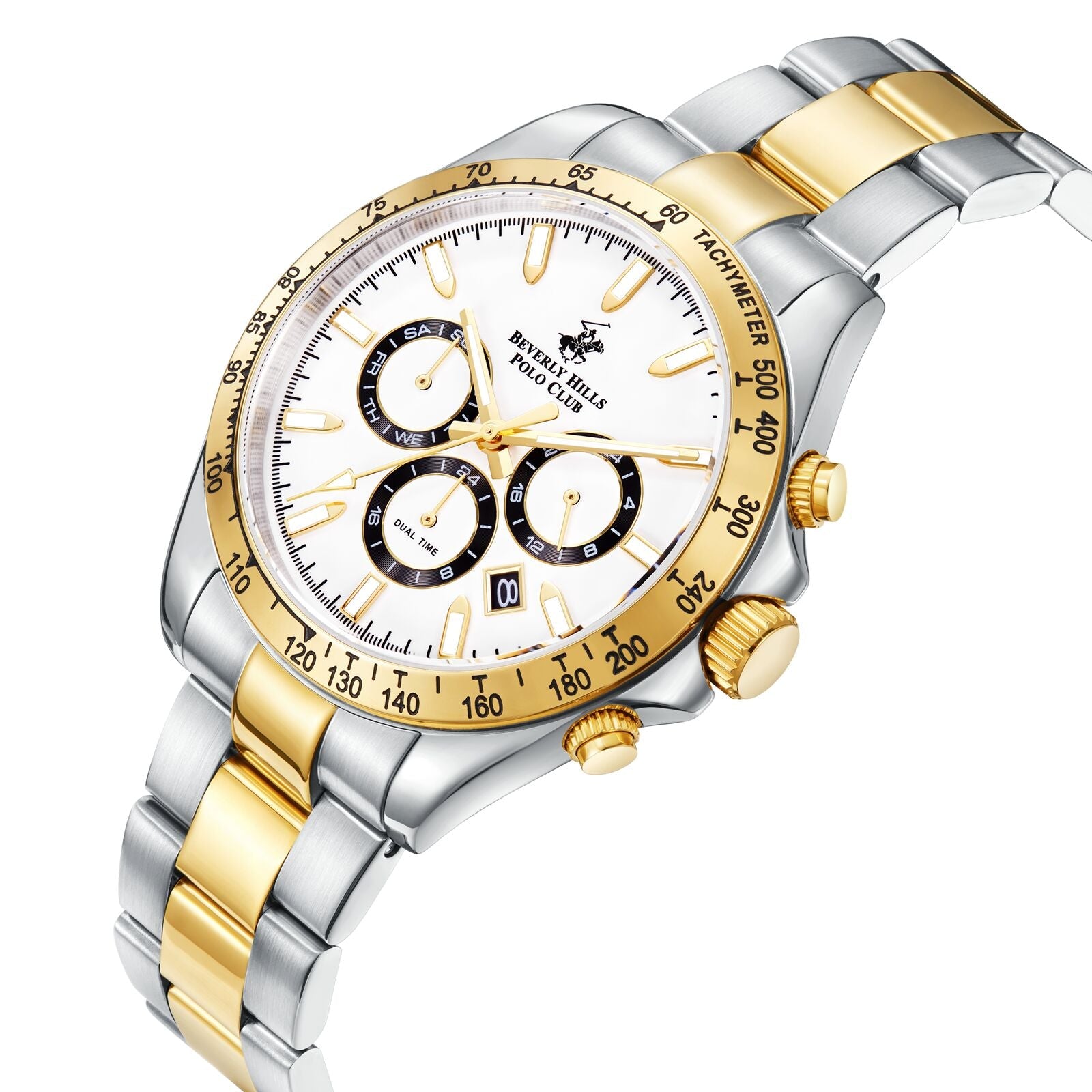 Two-tone steel and gold chronograph with tachymeter bezel worn at an angle