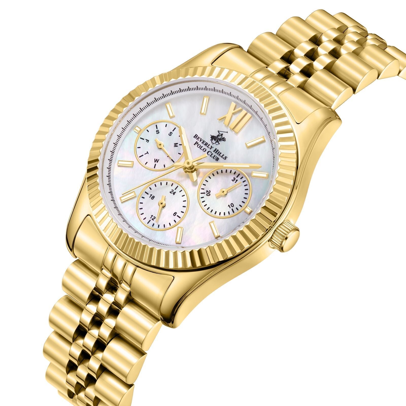 Gold multifunction watch at angle showing mesh bracelet and mother of pearl dial with roman numerals