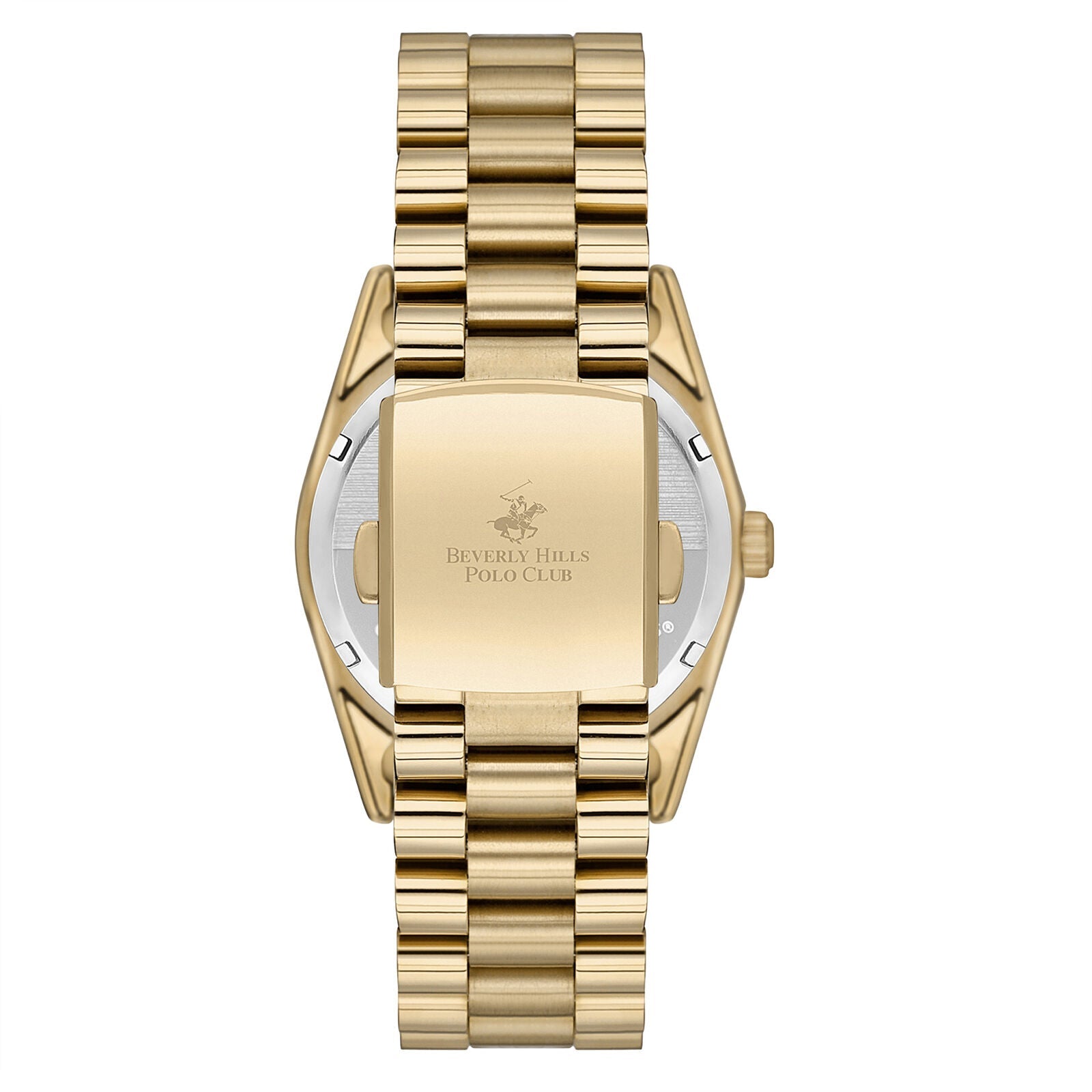 Gold caseback of Beverly Hills Polo Club watch with engraved branding