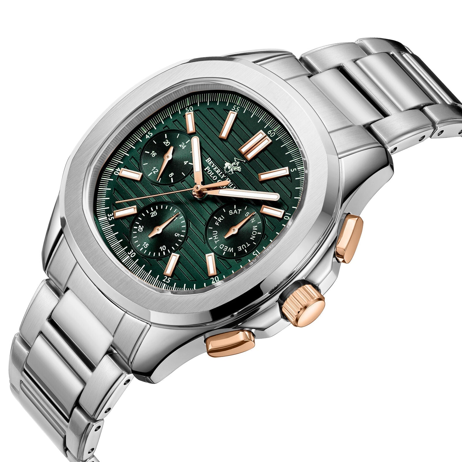 Angled view of multifunction watch showing green dial with chronograph subdials and rose gold pushers
