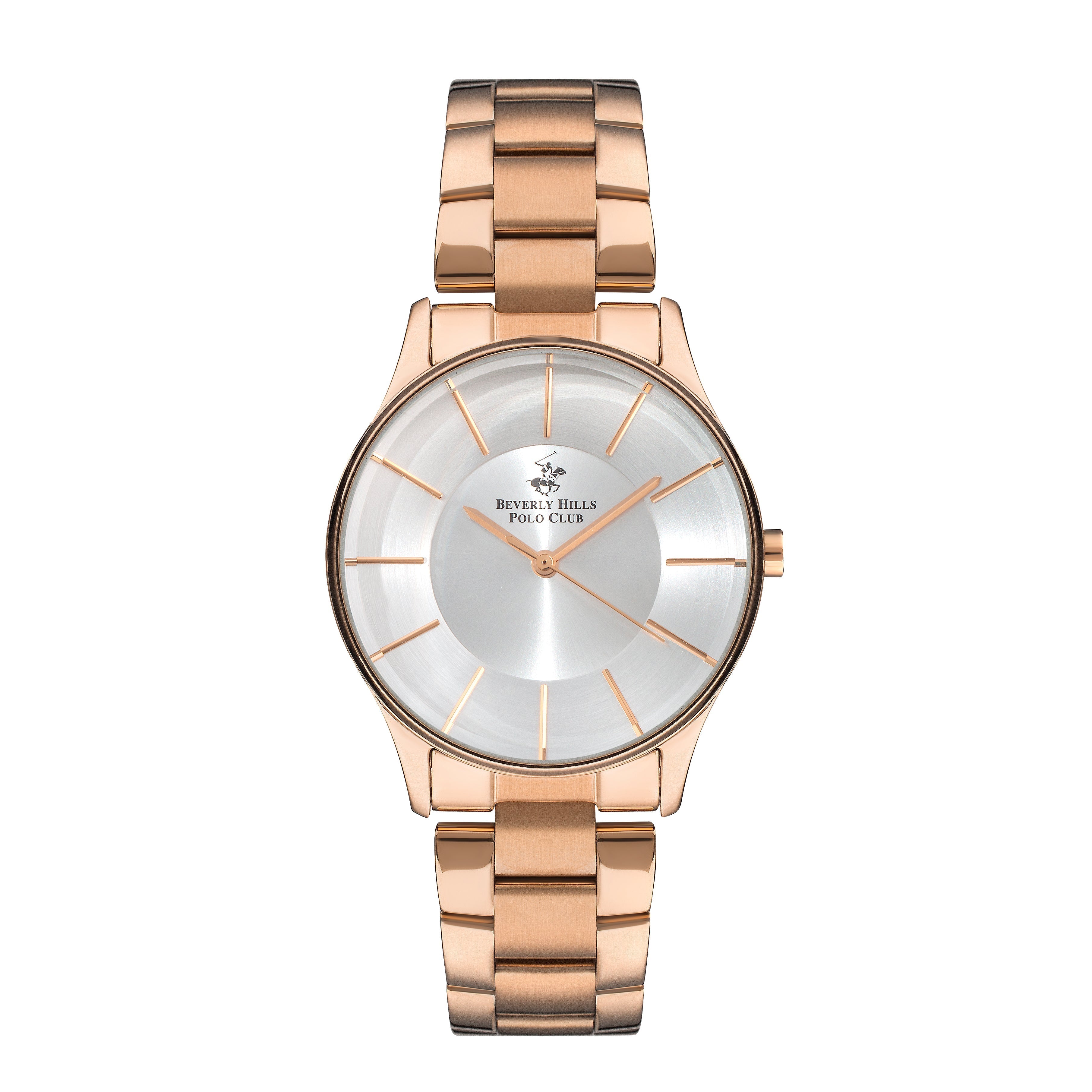 Beverly Hills Polo Club rose gold analog watch with silver sunray dial and rose gold bracelet