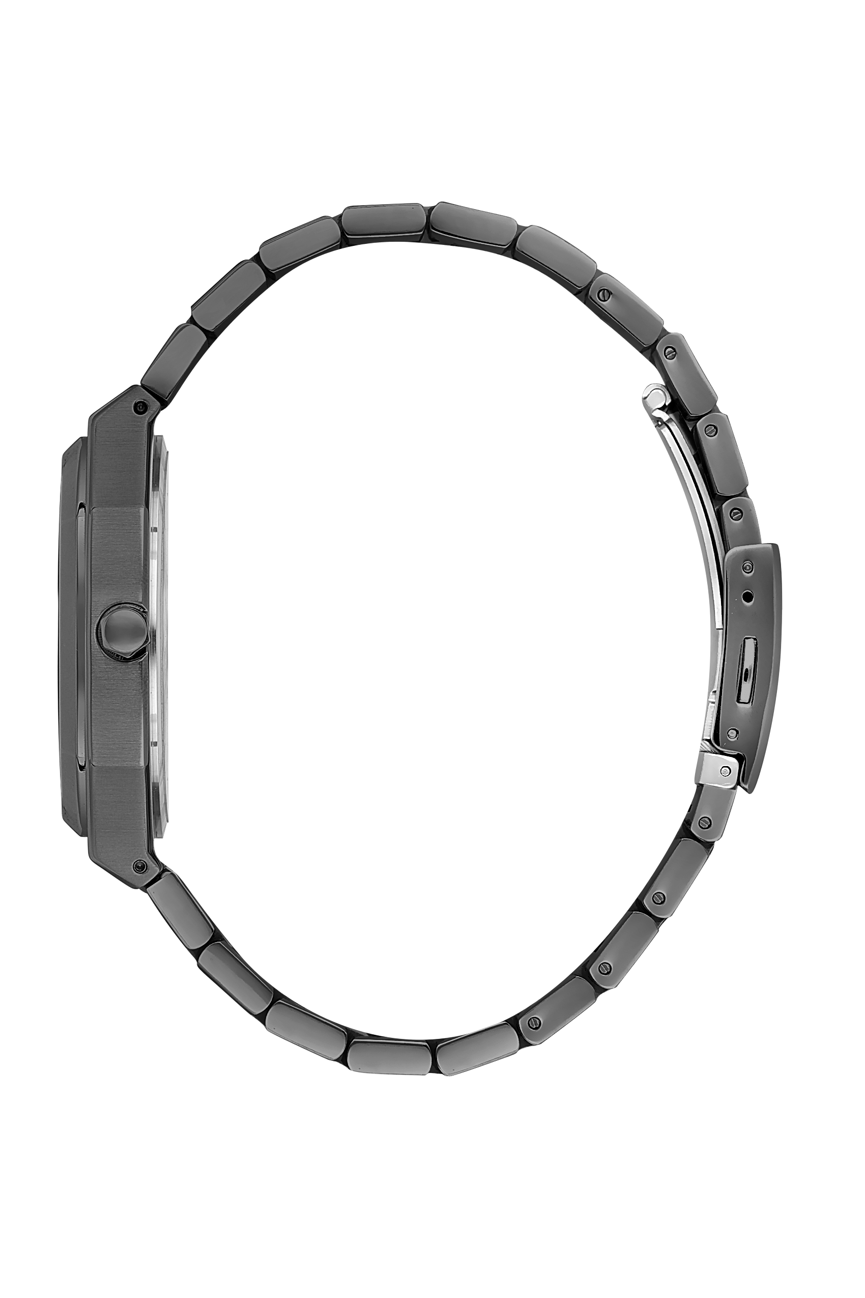 Side view of black stainless steel three-link bracelet with secure clasp