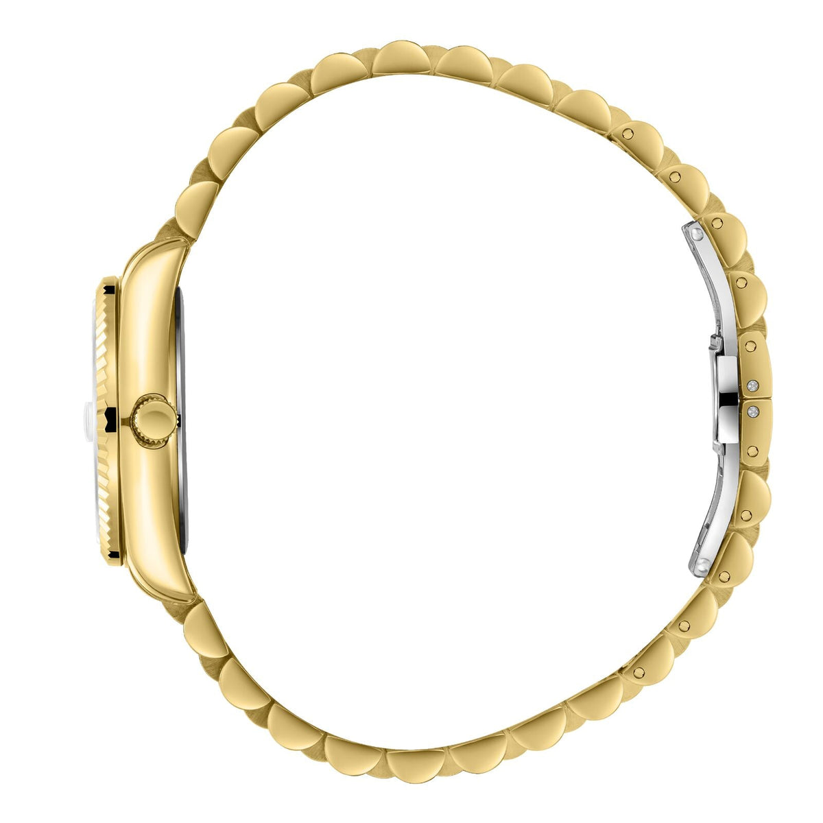 Beverly Hills Polo Club BP3827X gold watch side view showing case profile and bracelet
