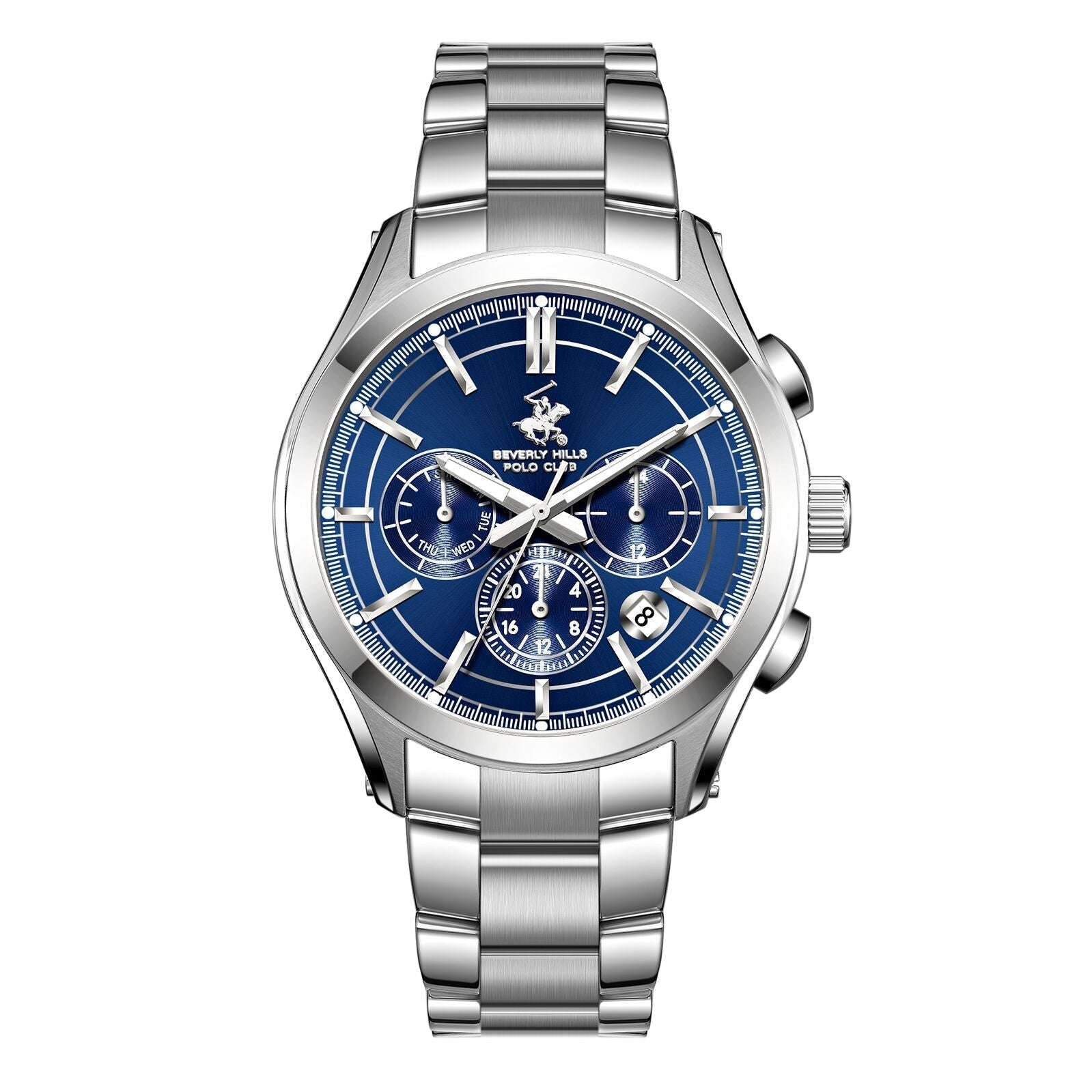 Beverly Hills Polo Club silver multifunction watch with blue dial and chronograph subdials