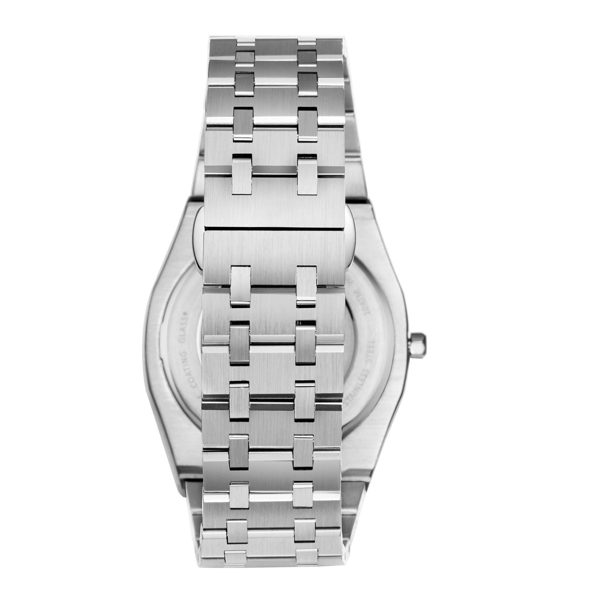 Silver link bracelet and case back of Beverly Hills Polo Club Slim Tech 5 watch
