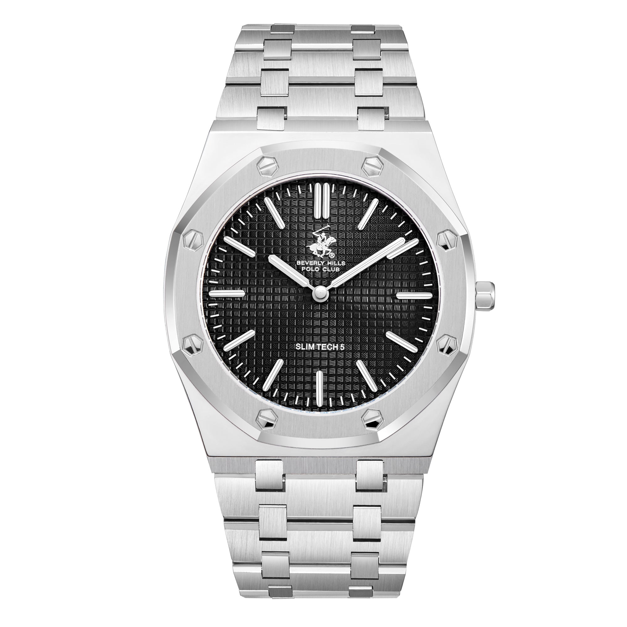 Beverly Hills Polo Club Slim Tech 5 silver watch with black dial and silver bracelet, front view