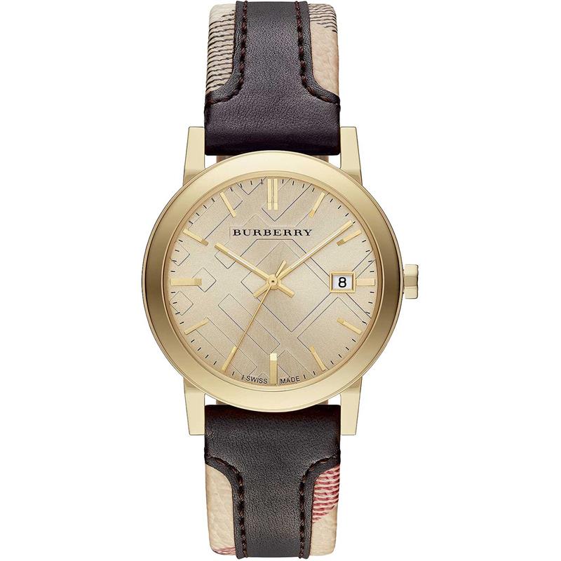 Burberry Men’s Swiss Made Quartz Black Check Stamped Leather Strap Gold Dial Men's Watch BU9032 - Kiwi Watches