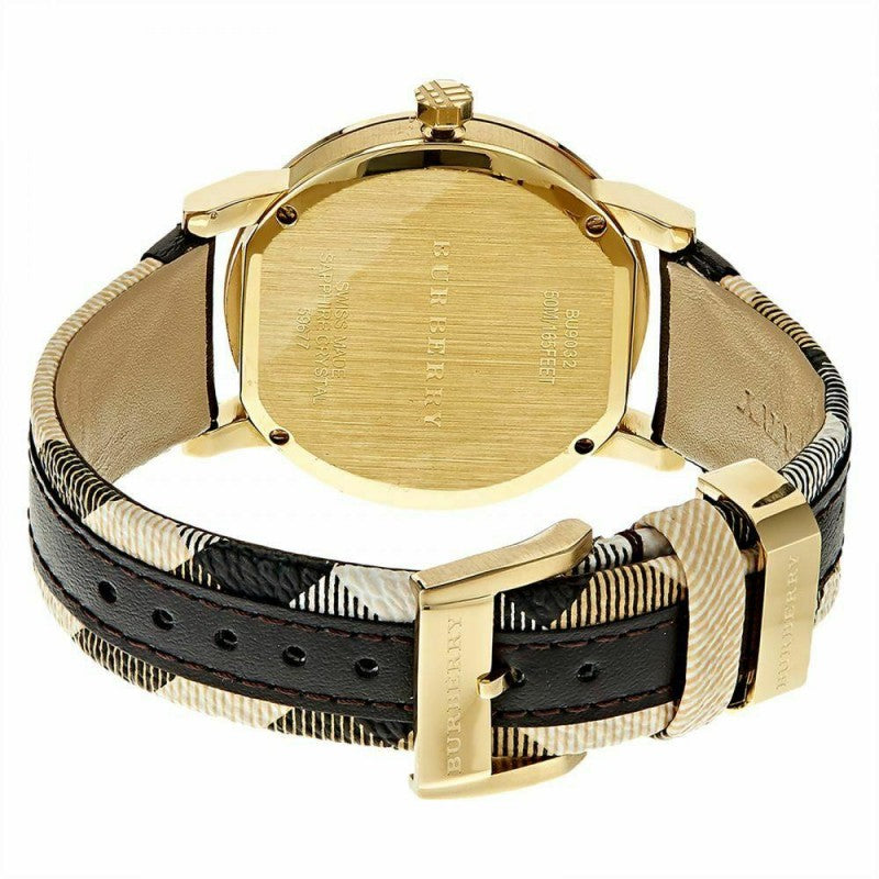 Burberry Men’s Swiss Made Quartz Black Check Stamped Leather Strap Gold Dial Men's Watch BU9032 - Dawson Watches #3