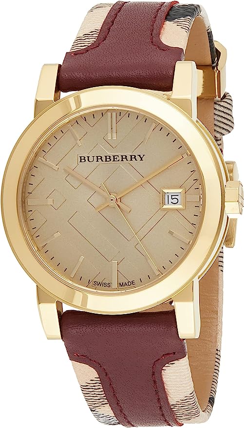 Burberry Women's Red Leather and Check Fabric Women's Watch BU9111 - The Watches Men & CO