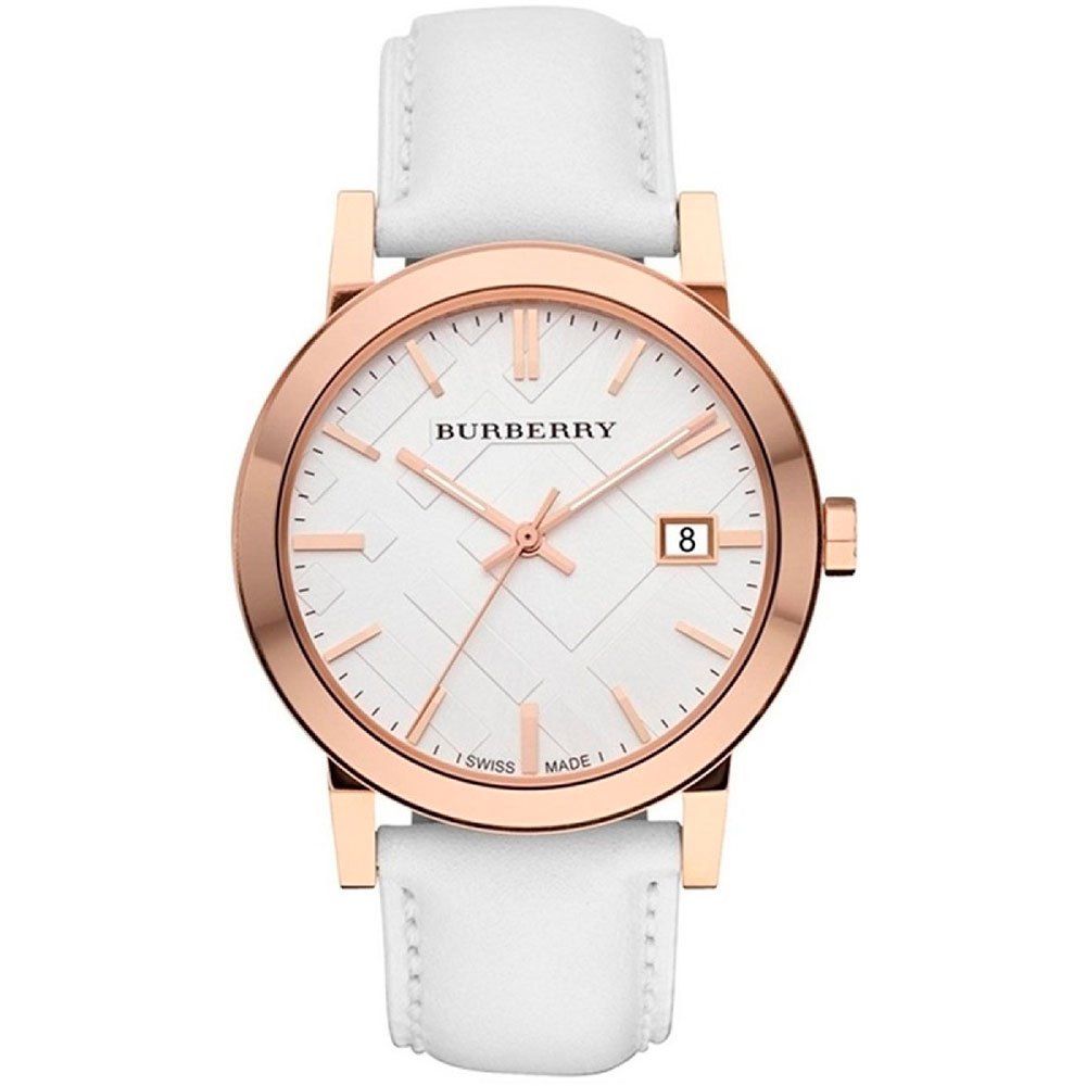 Burberry Rose Gold Case Large Check Leather Strap Unisex Watch BU9012