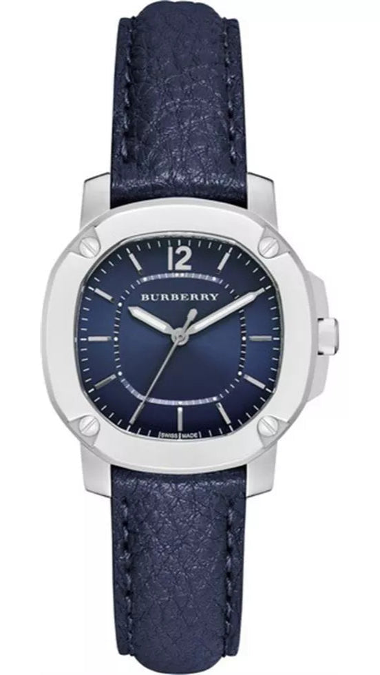 Burberry The Britain watch with blue sunray dial, silver case, and blue leather strap