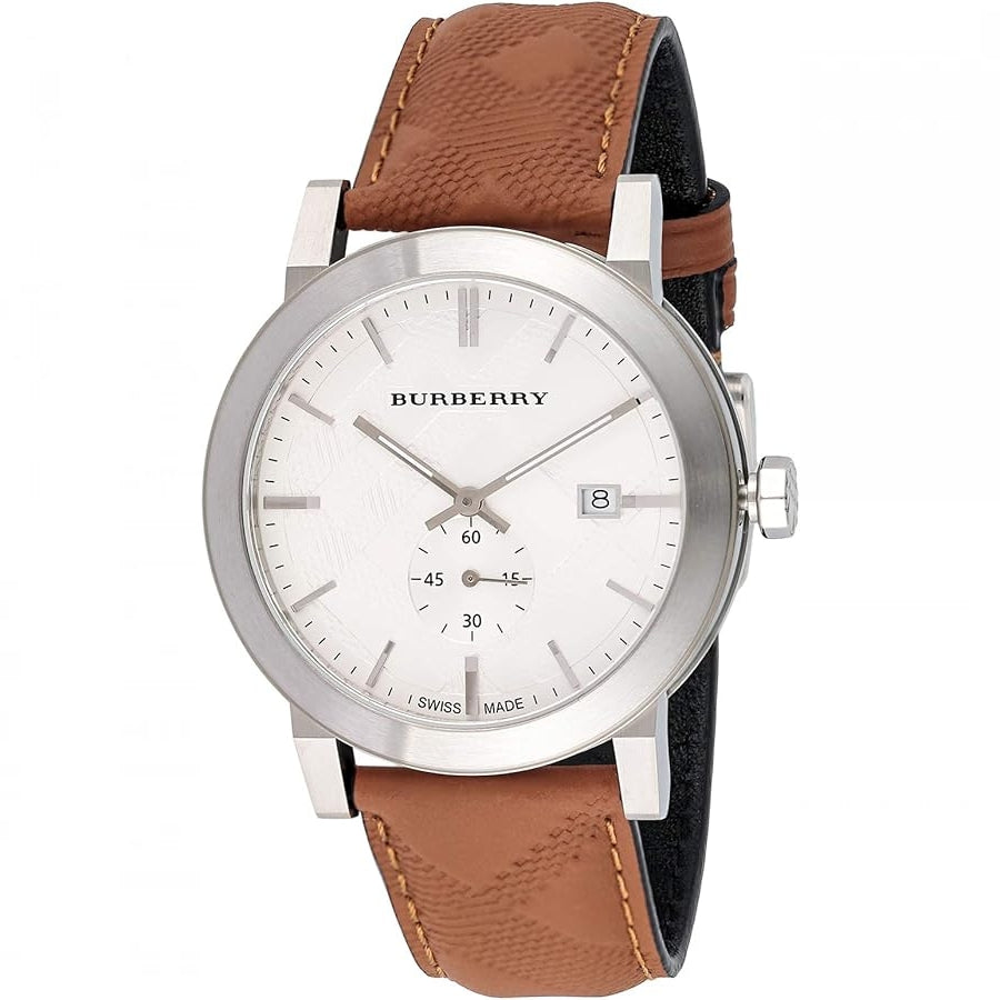 Burberry The City men's watch with white dial, silver case, and tan brown leather strap