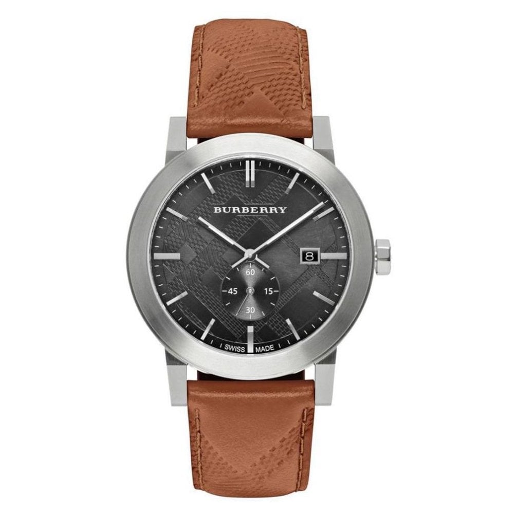 Burberry The City men's watch with stainless steel case, black dial, and brown leather strap