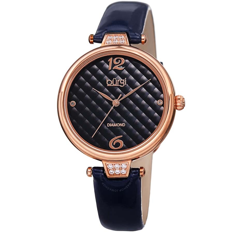 Burgi Ladies Engraved Argyle Diamond Dial Blue Leather Strap Watch - Dawson Watches