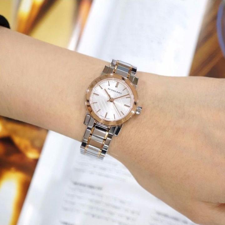 Burberry The City Check Stamped Silver Dial Two Tone Rose Gold Watch BU9205