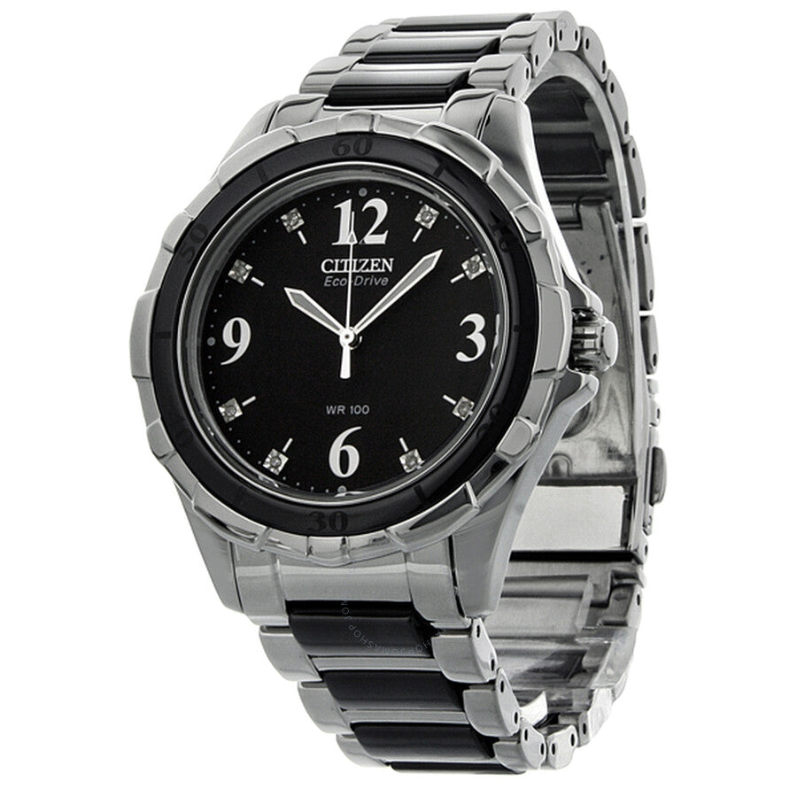 Citizen Ceramic Eco-Drive Diamond Black Dial Steel Black Ceramic Bracelet Ladies Watch EM0031-56E - Dawson Watches
