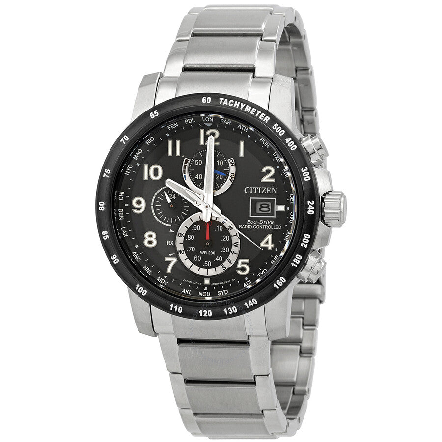 Citizen Perpetual Alarm World Time Chronograph GMT Black Dial Watch AT8124-83E - Dawson Watches